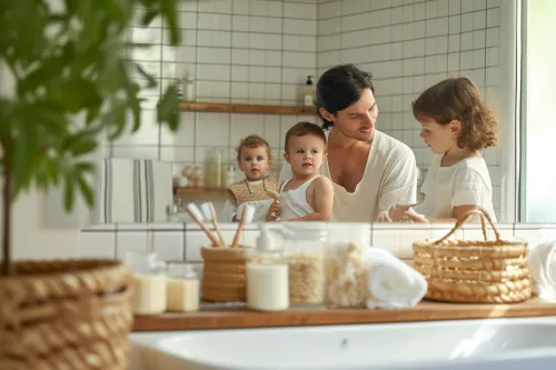 Famille unie adoptant pas à pas des habitudes zéro déchet au quotidien pour réduire ses déchets et transformer durablement son mode de vie