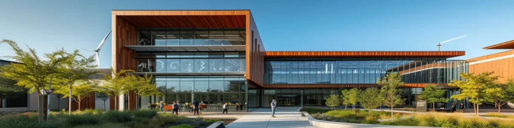 Vue d’un bâtiment intelligent intégrant capteurs connectés, matériaux biosourcés et IA pour optimiser sa performance énergétique durable