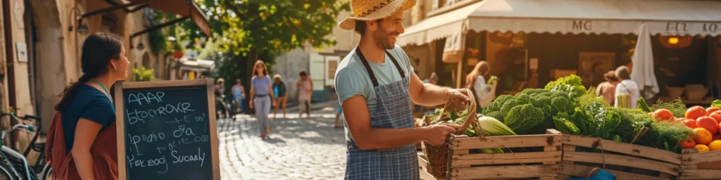 Consommateurs achetant des paniers bio en circuit court dans une AMAP locale pour privilégier des produits frais près de chez eux