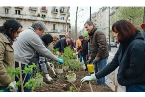 Vue d’un quartier urbain où des habitants plantent des arbres le long des trottoirs dans le cadre d’un projet local de reforestation participative