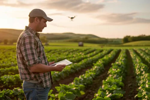 Agriculture de précision verte montrant capteurs et données pour optimiser les rendements tout en réduisant l’empreinte carbone