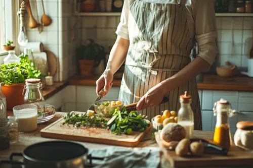 Personne préparant un repas en optimisant les restes alimentaires pour adopter les bases du zéro déchet en cuisine
