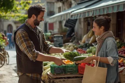 Consommateurs découvrant les circuits courts et une AMAP pour favoriser une alimentation locale et responsable