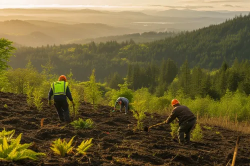 Vue détaillée d’un projet de reforestation moderne montrant les enjeux climatiques, sociaux et économiques liés au retour de la forêt