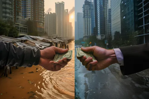 Vue symbolique des impacts de la crise climatique sur les pays du Sud, illustrant inégalités, adaptation et justice environnementale globale