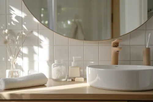 Salle de bain du quotidien illustrant les enjeux zéro déchet, réduction des emballages, plastiques et déchets cachés