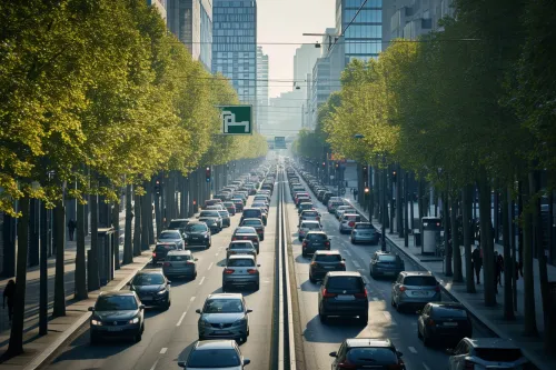 Vue d’une grande ville avec voitures partagées et covoiturage, montrant les défis de mobilité urbaine durable