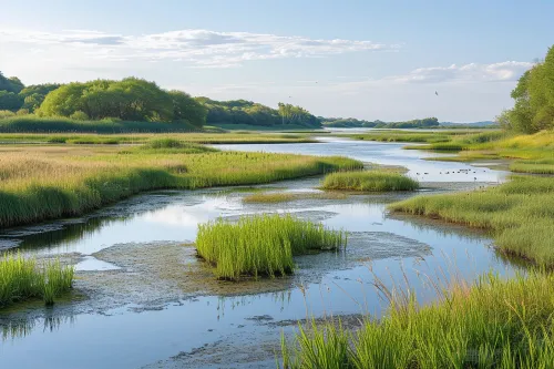 Représentation détaillée d’un paysage de zone humide mettant en valeur la biodiversité, la qualité de l’eau et les enjeux écologiques pour la conservation