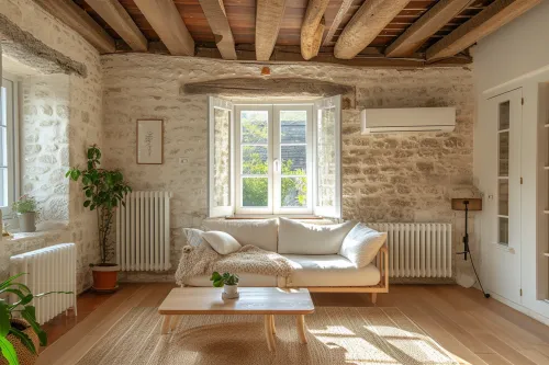 Système de chauffage doux et ventilation performante dans une maison ancienne rénovée en éco-habitat sain et économe en énergie