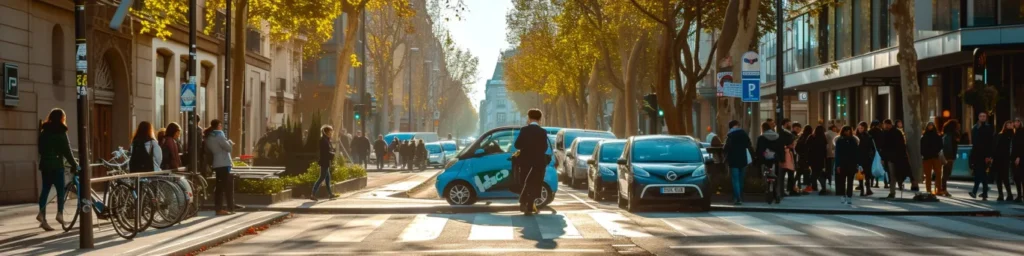 Scène urbaine montrant des habitants pratiquant le covoiturage et l’autopartage pour réduire embouteillages et pollution en ville