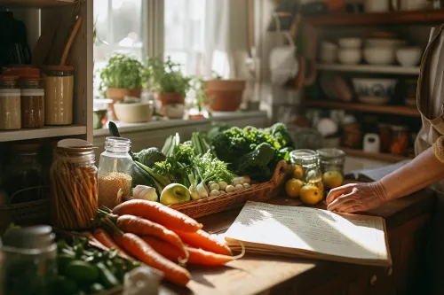 Assiette colorée de produits bio et locaux mise en scène avec des ingrédients simples pour une cuisine saine et économique au quotidien