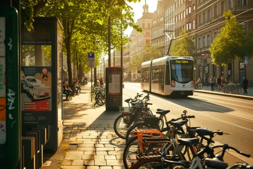 Vue urbaine montrant des services de mobilité partagée  :  vélos, trottinettes électriques et voitures en autopartage.