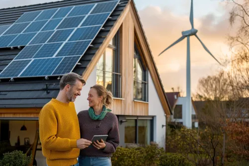Éolien domestique complément solaire, une petite éolienne de maison produisant de l’électricité en synergie avec des panneaux photovoltaïques