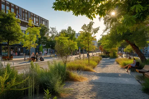 Vue d’une forêt urbaine intégrée au cœur de la ville, montrant la conception paysagère et l’aménagement des espaces verts