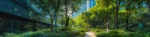 Vue immersive d’une forêt urbaine dense intégrée à la ville, montrant comment les arbres optimisent la capture du carbone