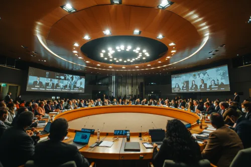 Scène symbolisant les jeux de pouvoir entre lobbies et États du Nord et du Sud lors des négociations climatiques internationales