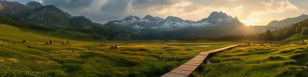 Paysage de parc national montrant la cohabitation entre touristes, sentiers aménagés et zones préservées pour la faune sauvage