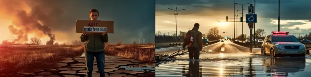 Paysage urbain frappé par une vague de chaleur intense et des inondations soudaines, symbole du réchauffement climatique extrême