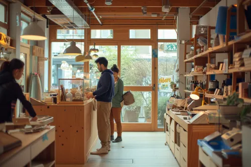 Ressourcerie urbaine animée où des habitants déposent et récupèrent des objets du quotidien réemployés, réparés et revendus