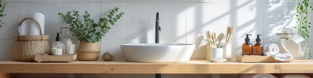 Salle de bain zéro déchet avec cosmétiques solides, accessoires réutilisables et produits d’hygiène durables