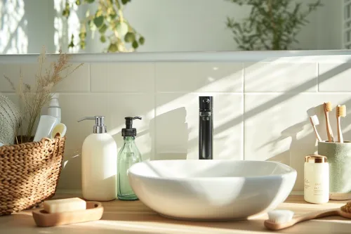 Salle de bain moderne avec produits de beauté écoresponsables, accessoires réutilisables et matériaux durables